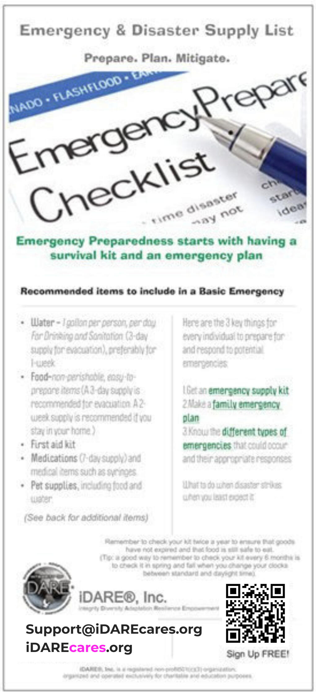 iDARE Emergency Preparedness Checklist (Front)